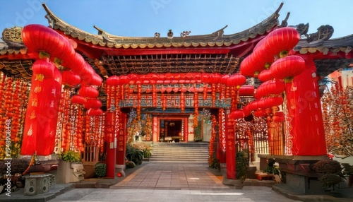 Ornate Chinese Temple Entrance Adorned with Red Lanterns and Decorations.
