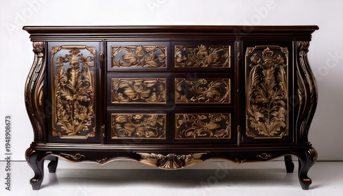 Ornate Dark Wood Cabinet with Intricate Carvings and Unique Design.
