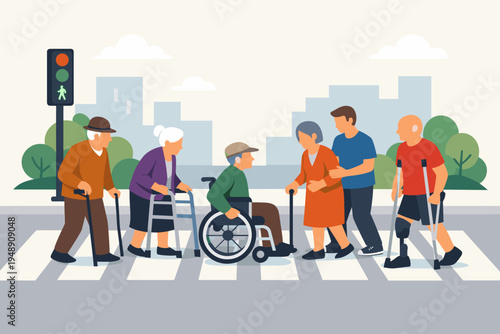 Group of elderly and disabled people crossing a city street on a pedestrian crosswalk. Flat vector illustration featuring seniors with walkers, canes, wheelchair, and prosthetic leg.