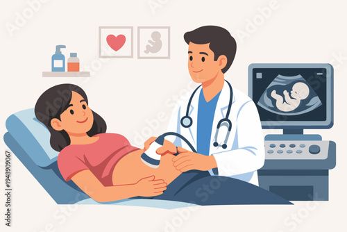 Doctor Performing Ultrasound Scan on Pregnant Woman in Medical Clinic, Prenatal Care and Fetus Health Monitoring, Professional Healthcare Service, Flat Vector Illustration for Maternity Concept