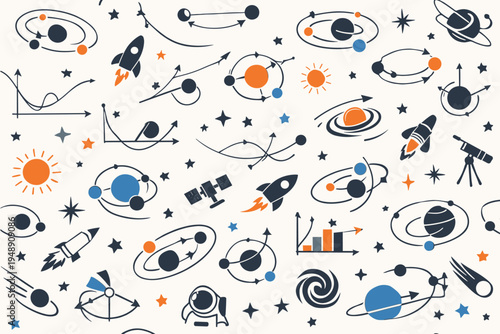 Seamless Pattern of Space Exploration and Physics Icons Featuring Planets, Orbits, Rockets, Stars, Satellites, and Astronauts. Minimalist Flat Vector Illustration for Science and Astronomy.