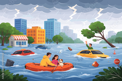 City Flood Disaster Scene with People and Dog in Rescue Boat Navigating Submerged Streets During Heavy Storm and Lightning, Climate Change Emergency and Natural Catastrophe Vector Illustration