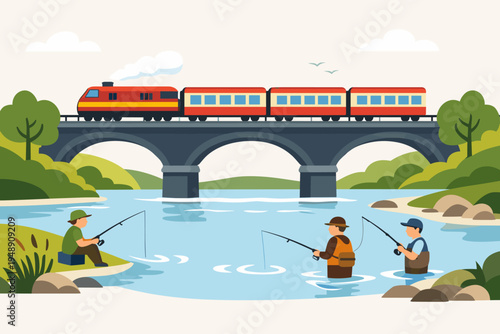 Flat Vector Illustration of a Red Passenger Train Crossing a Stone Arch Bridge Over a Scenic River with Fishermen Wading in the Water and Lush Green Nature Landscape Background for Travel Ads