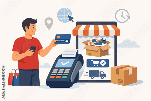 Flat vector illustration of a man making a secure mobile payment with a credit card for online shopping orders, featuring a digital store interface, delivery truck, and POS terminal icons.