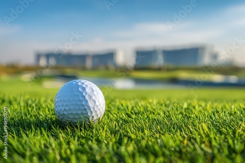 Close Up of a White Golf Ball Resting on Lush Green Grass on a Sunny Day with Modern Buildings in the Blurred Background