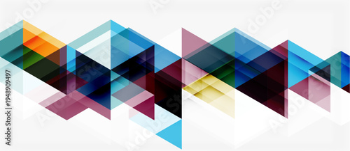 Abstract geometric pattern. Overlapping triangles create dynamic visual texture. Colors vary, ranging from blues to oranges. Minimalist design.