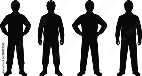 Construction worker silhouettes set with safety helmet, builder and engineer standing poses, industrial laborer figures collection