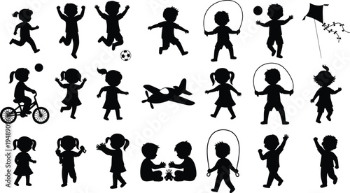 Collection of various children playing silhouette illustrations