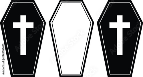 Coffin silhouette icon set with Christian cross symbol vector illustration for funeral service, burial ceremony and memorial design