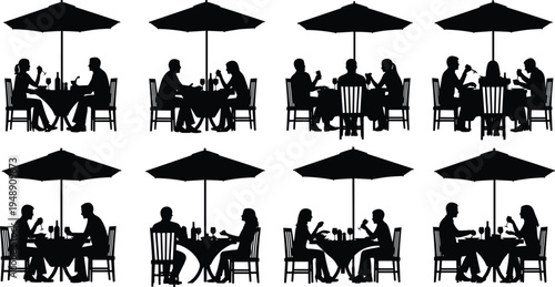Couple dining silhouettes set, romantic restaurant dinner scenes with table and umbrella, black people eating icons isolated vector