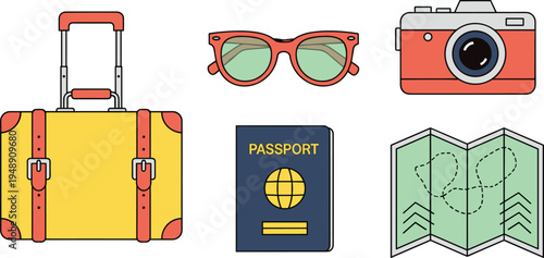 Travel essentials icon set with suitcase sunglasses camera passport and map vector illustration for tourism and vacation concept
