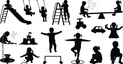 Silhouette of children playing on various playground equipment and having fun in different activities silhouette