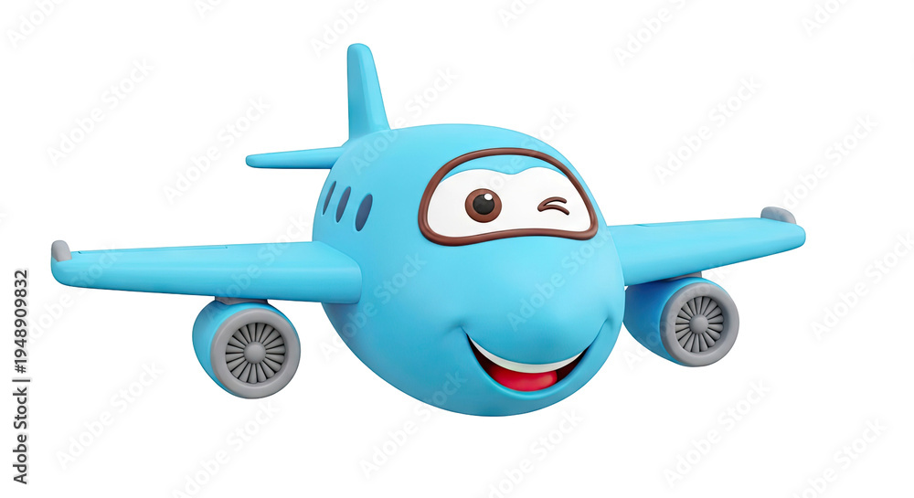 Fototapeta premium Happy Blue Cartoon Airplane with Winking Eye