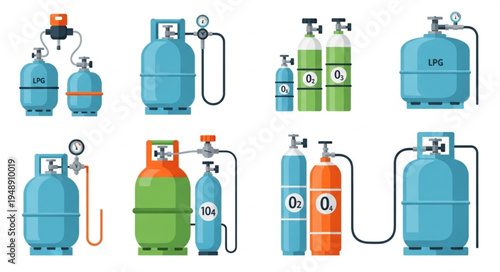 Assortment of Gas Cylinders and Tanks for Industrial Use.