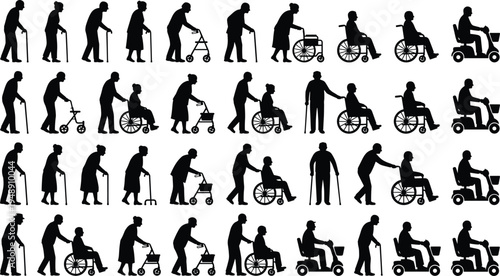 Elderly people mobility silhouettes set including walking with cane wheelchair walker and mobility scooter senior assistance and disability concept