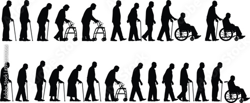 Elderly people walking silhouette set with senior men using cane, walker and wheelchair isolated on white background aging concept