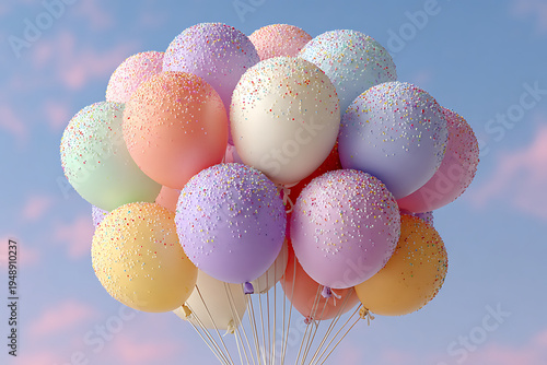 A vibrant bunch of colorful balloons floating in a clear blue sky