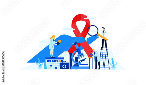 Medical Research and Treatment Concept with Scientists, Microscope, Medicine, and Red Ribbon for Awareness