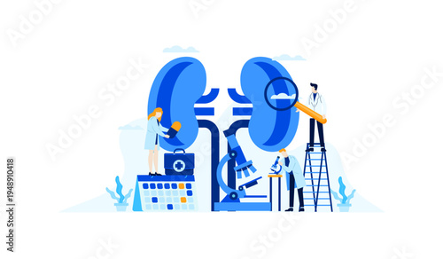 Medical professionals conducting kidney health examination and research, featuring a microscope and medication.