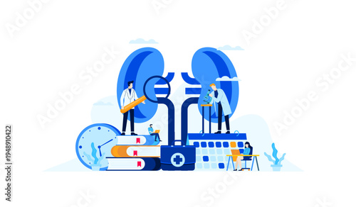 Nephrology Doctors Researching Kidney Health with Microscope, Magnifying Glass, and Medical Books