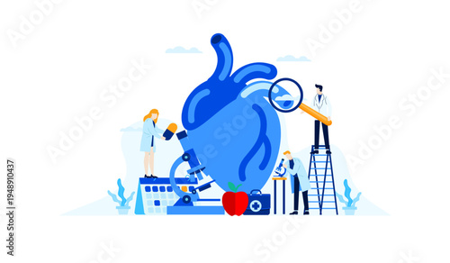 Medical Team Researching Human Heart Health with Microscopes and Magnifying Glass Illustration