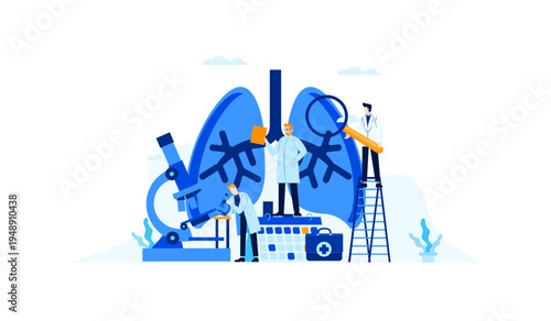 Medical Research Team Studying Human Lungs with Microscope and Magnifying Glass