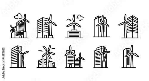 Wind turbines and modern buildings, icons for renewable energy and sustainable architecture