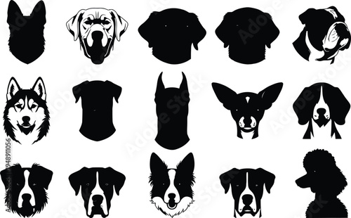 Silhouette of various dog breeds in black on white background showcasing different head shapes and sizes silhouette