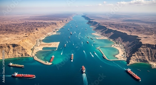 Aerial view of the Suez canal with cargo ships navigating the historic waterway.