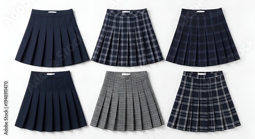 Plaid and solid color pleated skirts.