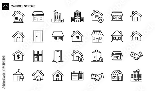Minimal House and Property Pixel Perfect 24x24 Line Icons Editable Stroke Vector