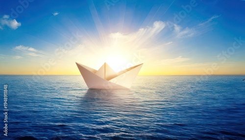 Paper Boat Sailing on a Calm Sea at Sunset.