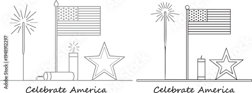 A patriotic illustration celebrating America with flags and fireworks vector silhouette