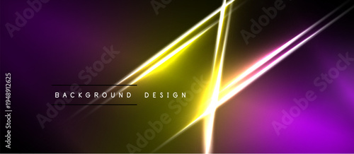 Abstract neon lines create dynamic gradient background. Bright yellow contrasts purple, black areas. Modern design element.