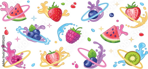 Colorful Fruit Splash Galaxy Set with Strawberry, Watermelon, Kiwi, Blueberry and Raspberry Cosmic Juice Planet Vector Illustration