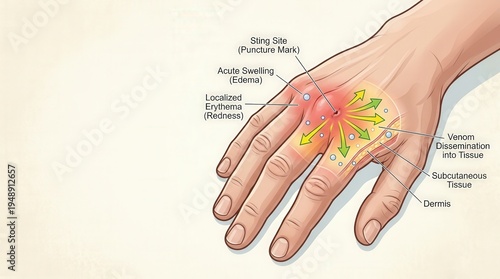 Medical illustration of a bee sting on a human hand showing sting site, acute swelling, localized erythema, and venom dissemination through the dermis and subcutaneous tissue.