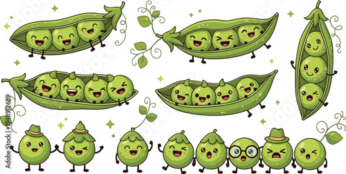 Cute Pea Pod Cartoon Character Set with Funny Green Peas, Smiling Faces and Vegetable Mascot Collection Vector Illustration