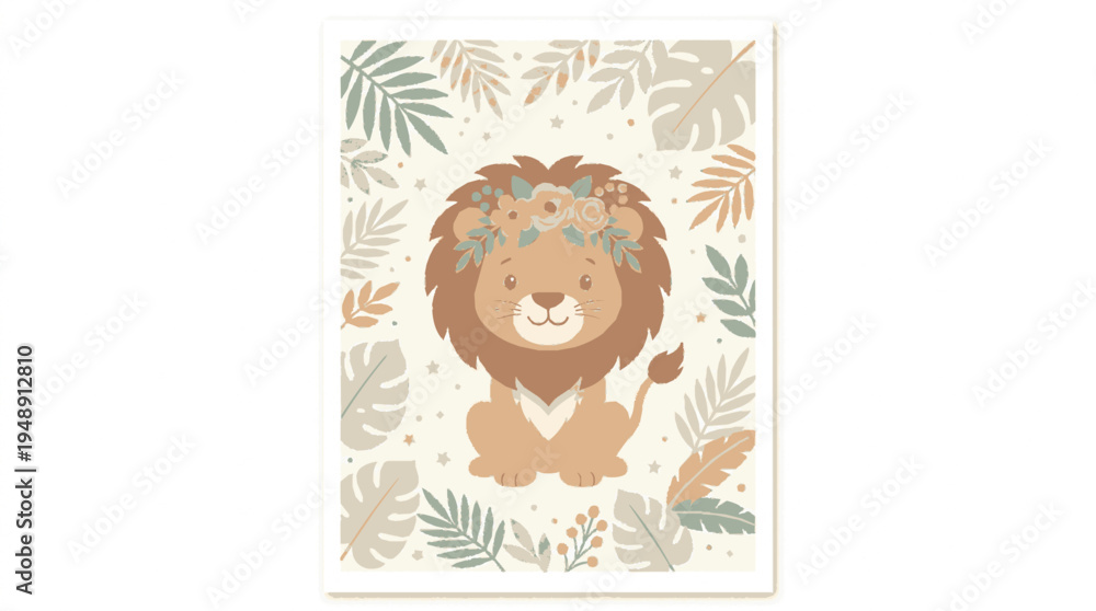 Fototapeta premium Cute lion in safari nursery artwork with floral crown and leafy background in soft tones for baby room decor