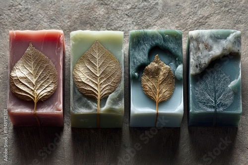 Four colorful handmade soap bars with embedded gold-toned leaves, on a textured surface