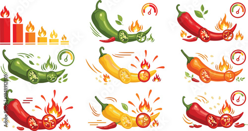 Spicy Chili Pepper Heat Level Set with Jalapeno, Red and Yellow Hot Peppers, Fire Flames and Scoville Gauge Vector Illustration