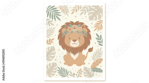 Cute lion in safari nursery artwork with floral crown and leafy background in soft tones for baby room decor