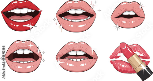 Glossy Female Lips Expression Set with Lipstick Makeup, Open Mouth Smiles and Beauty Cosmetics Elements Vector Illustration Collection
