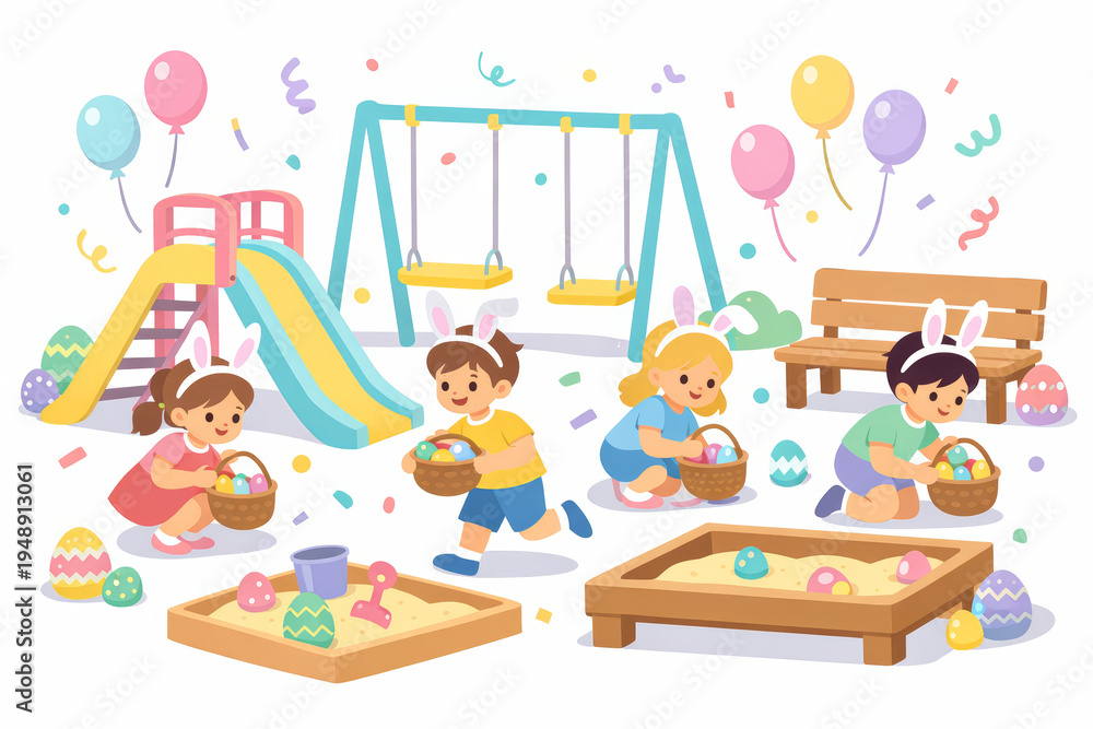 Obraz premium Kids Playing Easter Egg Hunt in Playground Spring Illustration