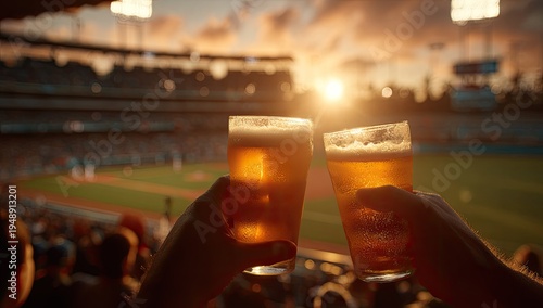 Two glasses of frothy beer are raised in a toast at a sun-drenched baseball stadium