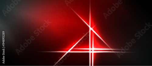 Abstract red light beams intersect forming triangle. Dark background creates dramatic visual effect. Brightness emphasizes geometric shapes.