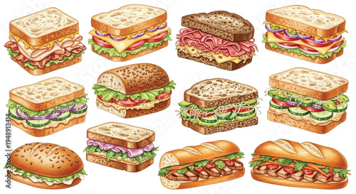 Watercolor Sandwich Collection with Deli Subs Burgers and Fresh Vegetable Sandwiches
