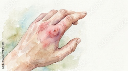 Watercolor illustration of a human hand with a swollen bee sting on the side. Artistic medical representation of inflammation, skin reaction, and insect bite injury on paper texture.