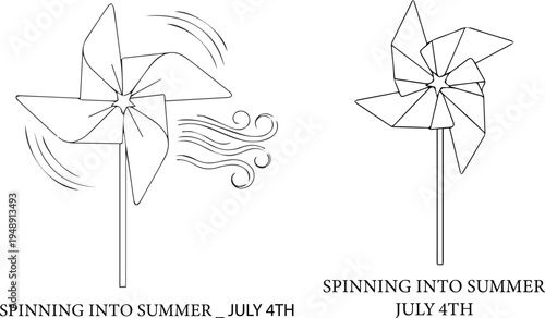 A simple line drawing of two pinwheels spinning in the wind on a summer day vector silhouette