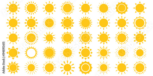 set of yellow sun icons, sunshine, solar, warm