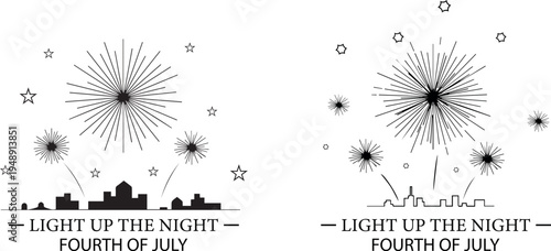 A festive illustration of fireworks exploding in the night sky on the Fourth of July vector silhouette